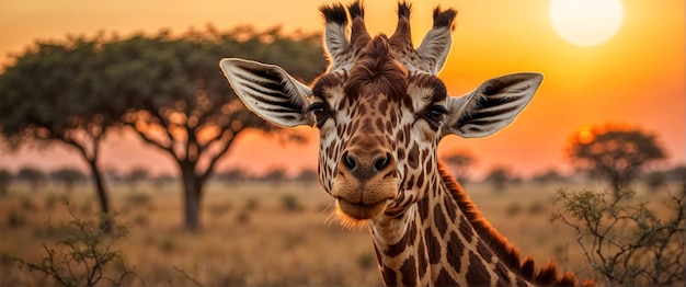 Retrato de una jirafa en la sabana africana en la vida silvestre al atardecer