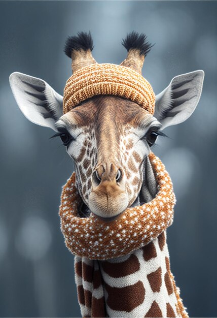 Foto retrato de una jirafa con sombrero y bufanda generado por ia