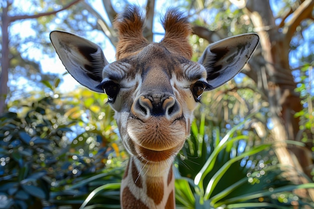 Retrato de una jirafa sonriente con exuberante vegetación en el fondo Fotografía de vida silvestre