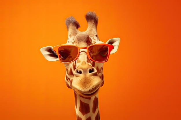 Retrato de una jirafa sonriente con gafas de sol en un fondo naranja