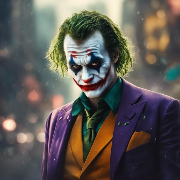 Foto retrato del joker aislado en el fondo borroso de la ciudad