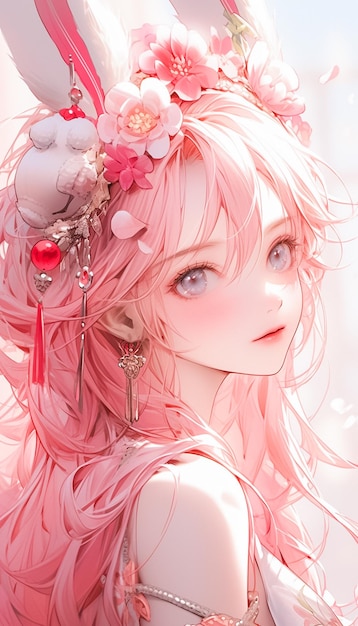 Anime fofo posando para foto cabelo rosa branco kemonomimi estilo realista  zbrush niji 5