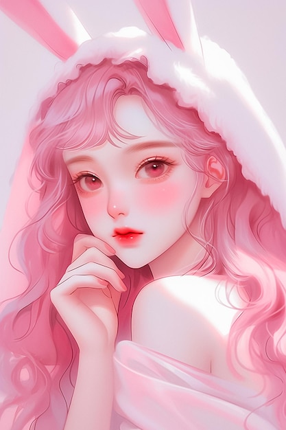 Retrato jovem e realista de uma menina com cabelo rosa e orelhas de coelho geradas por Ai