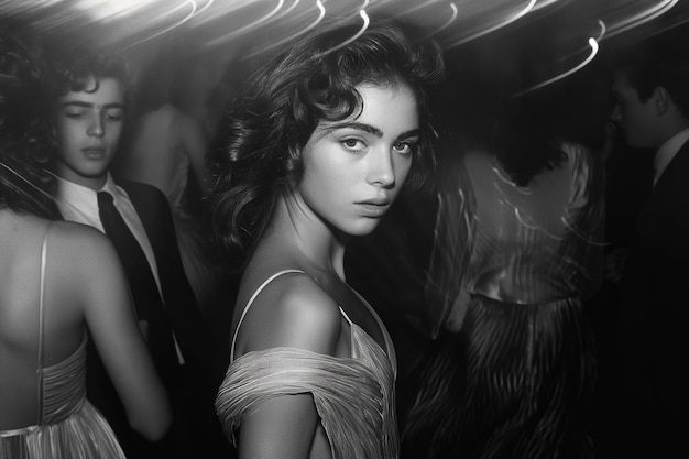retrato de una joven adolescente bailando en la pista de baile en un club nocturno foto de película vintage retro en blanco y negro