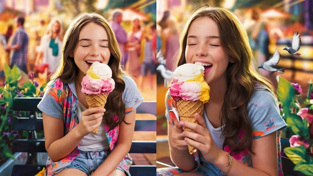 Retrato de una joven adolescente comiendo un helado