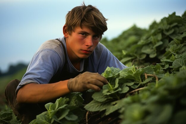 Retrato de un joven adolescente trabajando en cien filas de plantas de tabaco Cosecha de tabaco IA generativa