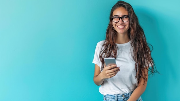 Retrato de una joven adulta latina feliz usando un teléfono móvil sobre un fondo azul