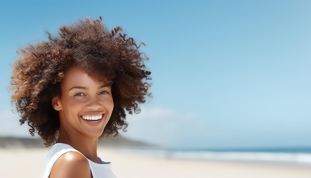 Retrato de una joven africana negra vestida de blanco en la playa