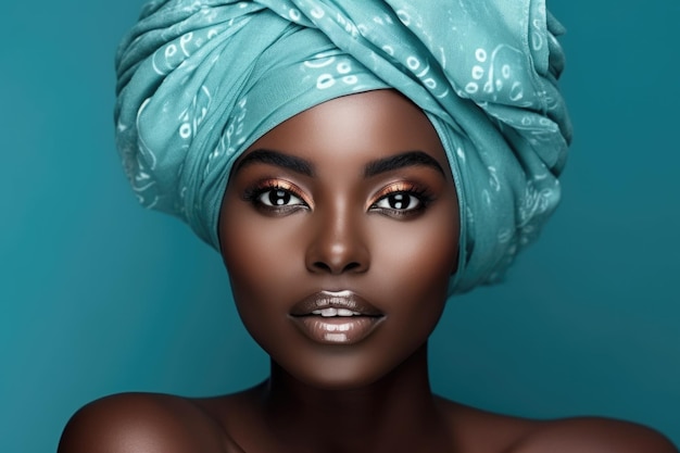 Retrato de una joven africana con un rostro bien cuidado que lleva un tocado azul en primer plano