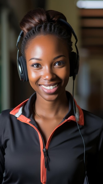 Retrato de una joven africana sonriendo y usando auriculares
