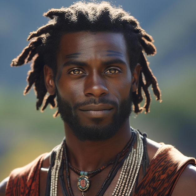 Retrato de un joven africano con dreadlocks en las montañas