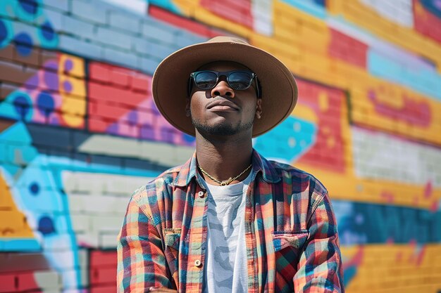 Retrato de un joven africano guapo con gafas de sol y sombrero marrón en el fondo de una pared pintada