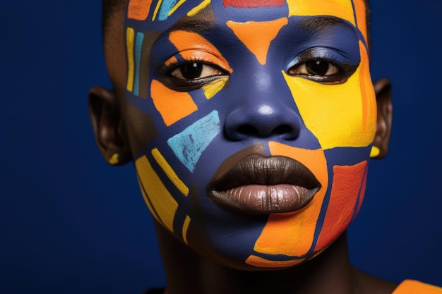 Retrato de un joven africano con maquillaje de arte abstracto en fondo azul oscuro de cerca