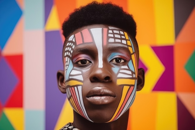Retrato de un joven africano con maquillaje de arte abstracto en un fondo de colores abstractos de cerca