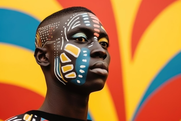 Retrato de un joven africano con maquillaje de arte abstracto en un fondo de colores abstractos