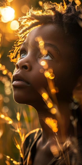 Foto retrato de un joven africano mirando hacia el sol