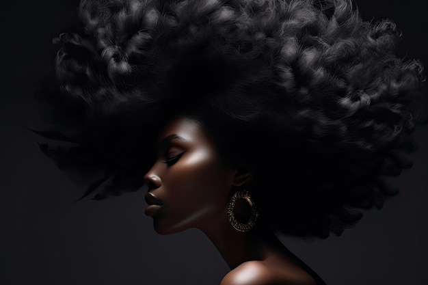 Retrato de una joven afroamericana con cabello negro en un fondo oscuro en la generación de IA de perfil