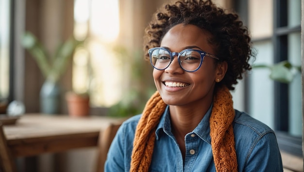 Retrato de una joven afroamericana feliz y sonriente con gafas