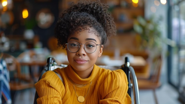 Retrato de una joven afroamericana con gafas sentada en una silla de ruedas