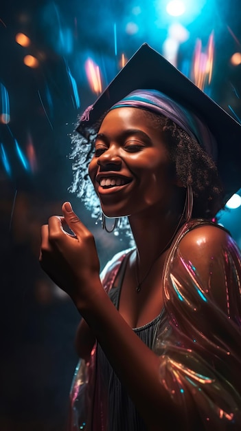 Retrato de una joven afroamericana con un gorro de graduación bailando en la fiesta Fondo de bokeh festivo Ilustración generativa de IA