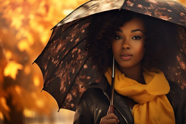 retrato de una joven afroamericana con un paraguas sobre un fondo otoñal borroso