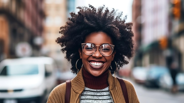 Retrato de una joven afroamericana sonriente con gafas en la ciudad