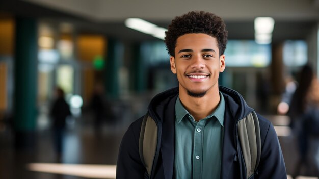 Retrato de un joven afroamericano sonriente estudiante universitario en el campus