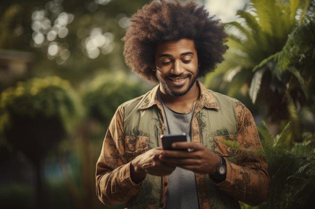 Retrato de un joven afroamericano usando un teléfono móvil en el parque Retrato de un apuesto hombre afro usando su móvil AI generado