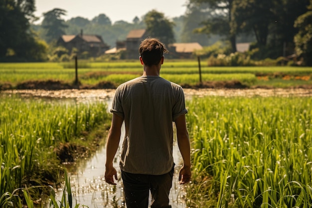 Retrato de un joven agricultor caminando en un campo de arroz