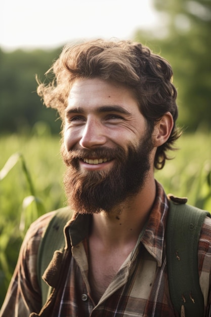 Retrato de un joven agricultor feliz trabajando en su granja