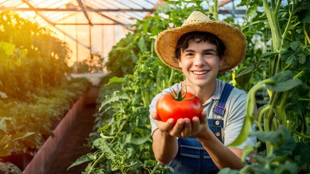 Retrato de un joven agricultor sonriente con un tomate recién recogido y de pie en el jardín del invernadero
