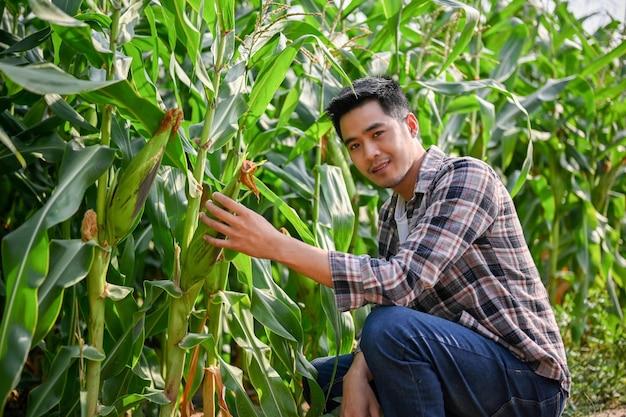 Retrato de un joven agricultor trabajador que trabaja en su campo de maíz