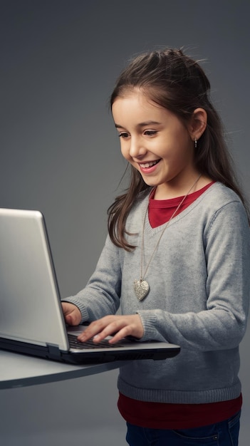 Retrato de una joven alegre y casual de pie aislada sobre un fondo gris usando una computadora portátil