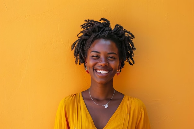 Retrato de una joven alegre con dreadlocks contra un fondo amarillo vibrante