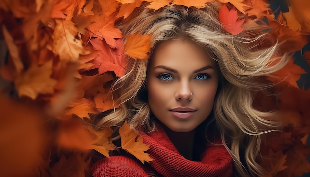 Retrato de una joven alegre con hojas de otoño