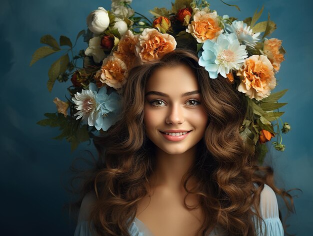 Foto retrato de una joven alegre con un peinado decorado con una corona de flores en la cabeza sobre un fondo azul ia generativa