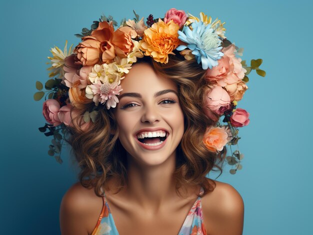 Retrato de una joven alegre con un peinado decorado con una corona de flores IA generativa