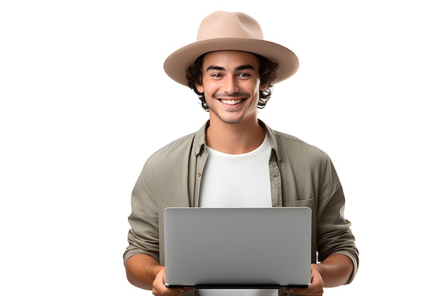 Foto retrato de un joven alegre sonriendo con una computadora portátil en manos