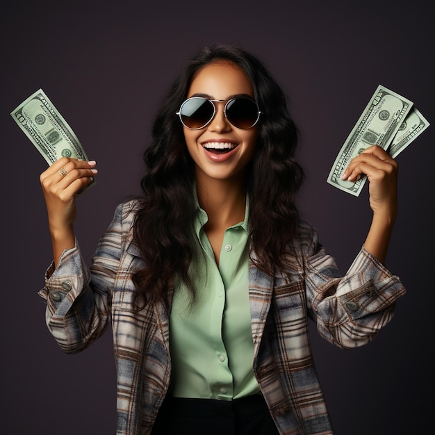 Retrato de una joven alegre sosteniendo billetes de dinero y celebrando aislado