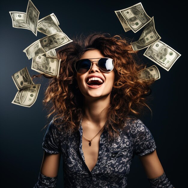 Retrato de una joven alegre sosteniendo billetes de dinero y celebrando aislado