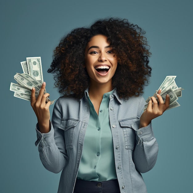 Retrato de una joven alegre sosteniendo billetes de dinero y celebrando aislado