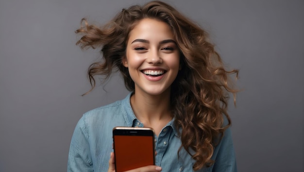 Retrato de una joven alegre con un teléfono móvil en un fondo plano