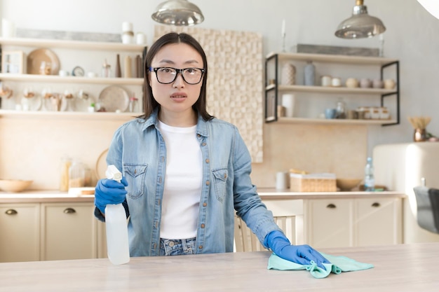 Retrato de una joven ama de casa asiática que limpia en casa limpia la mesa de la cocina con un trapo