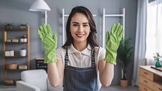 Retrato de una joven ama de casa atractiva, ama de casa aislada, mujer con guantes de goma.