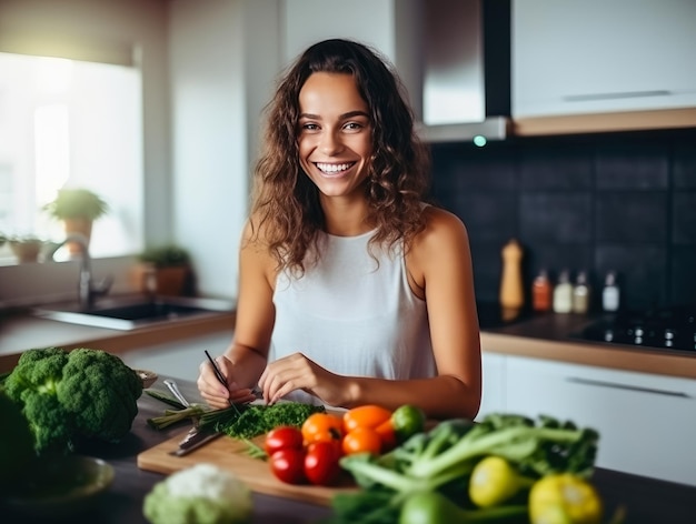 Retrato de una joven ama de casa sonriente mezclando una ensalada de verduras en la cocina moderna Sonriente mujer alegre haciendo ensalada de verduras frescas Alimentos saludables y nutrición Tecnología generativa de inteligencia artificial