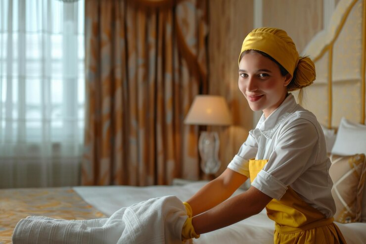 Retrato de una joven ama de llaves en uniforme con una sonrisa agradable en el interior