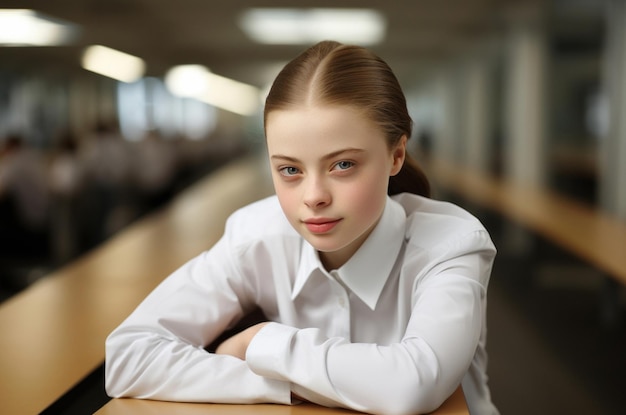 Retrato de una joven y amigable niña de escuela primaria en el pasillo de la escuela