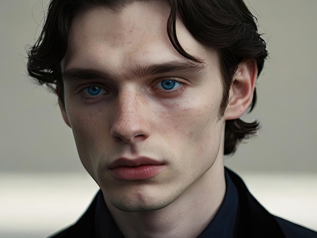 Foto retrato de un joven de apariencia aristocrática con ojos azules y pómulos altos closeup