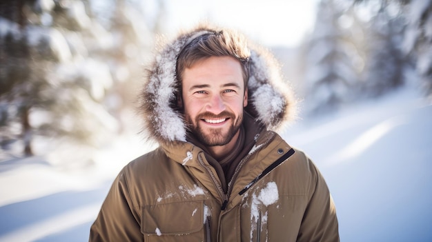 Retrato de un joven apuesto hombre sonriente con una chaqueta contra el telón de fondo de una tierra nevada de invierno