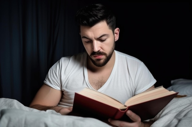 Retrato de un joven apuesto leyendo en la cama